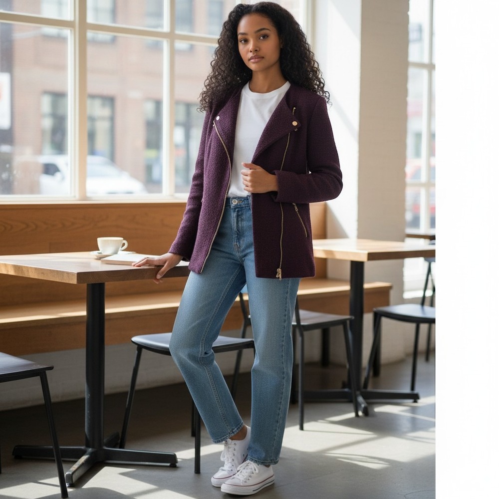 Womens Medium Coat Moto Purple Boucle Asymmetric‎ Zip Forever 21 Jacket
